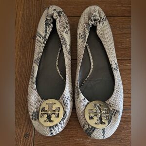 W Sz.8 TORY BURCH Gold Reva Ballet Flat Ballerina Snake Skin Python Leather